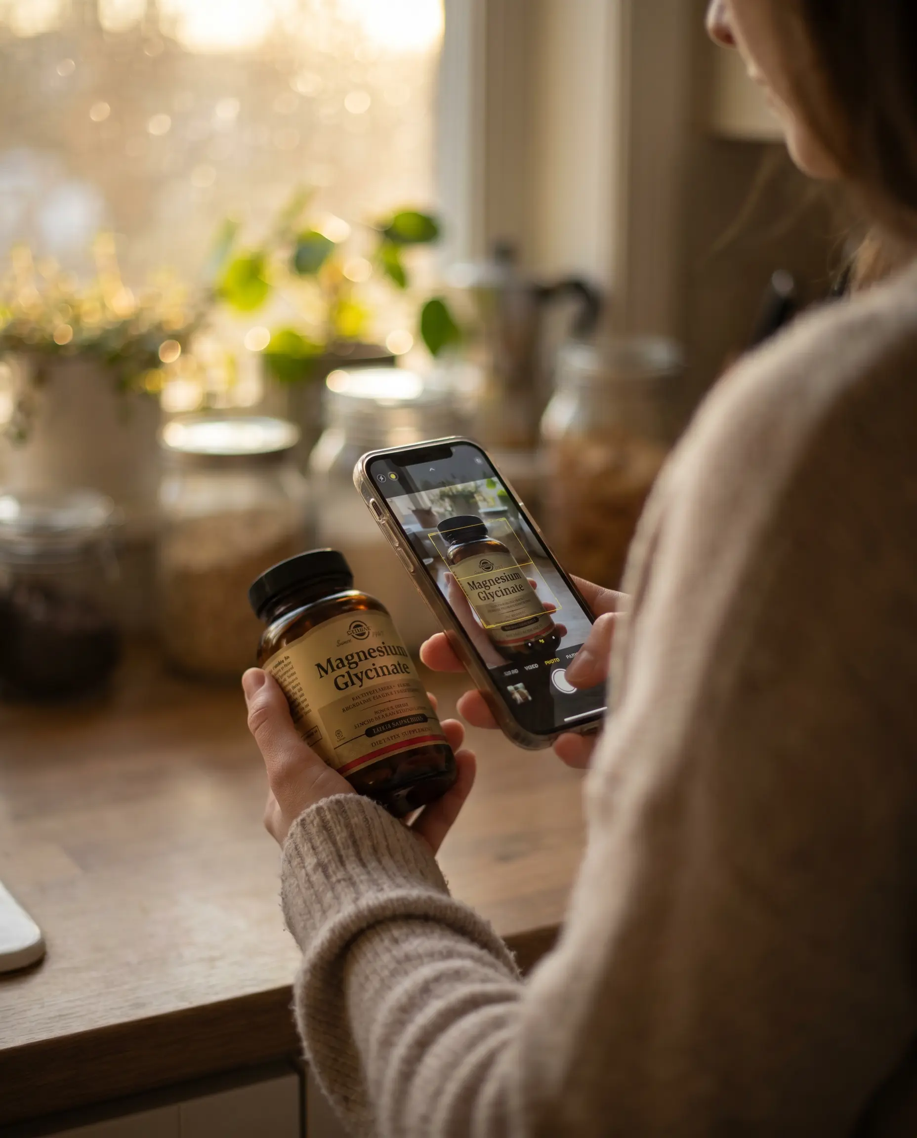 A person holding a phone up to a supplement bottle in golden-hour light, scanning the label