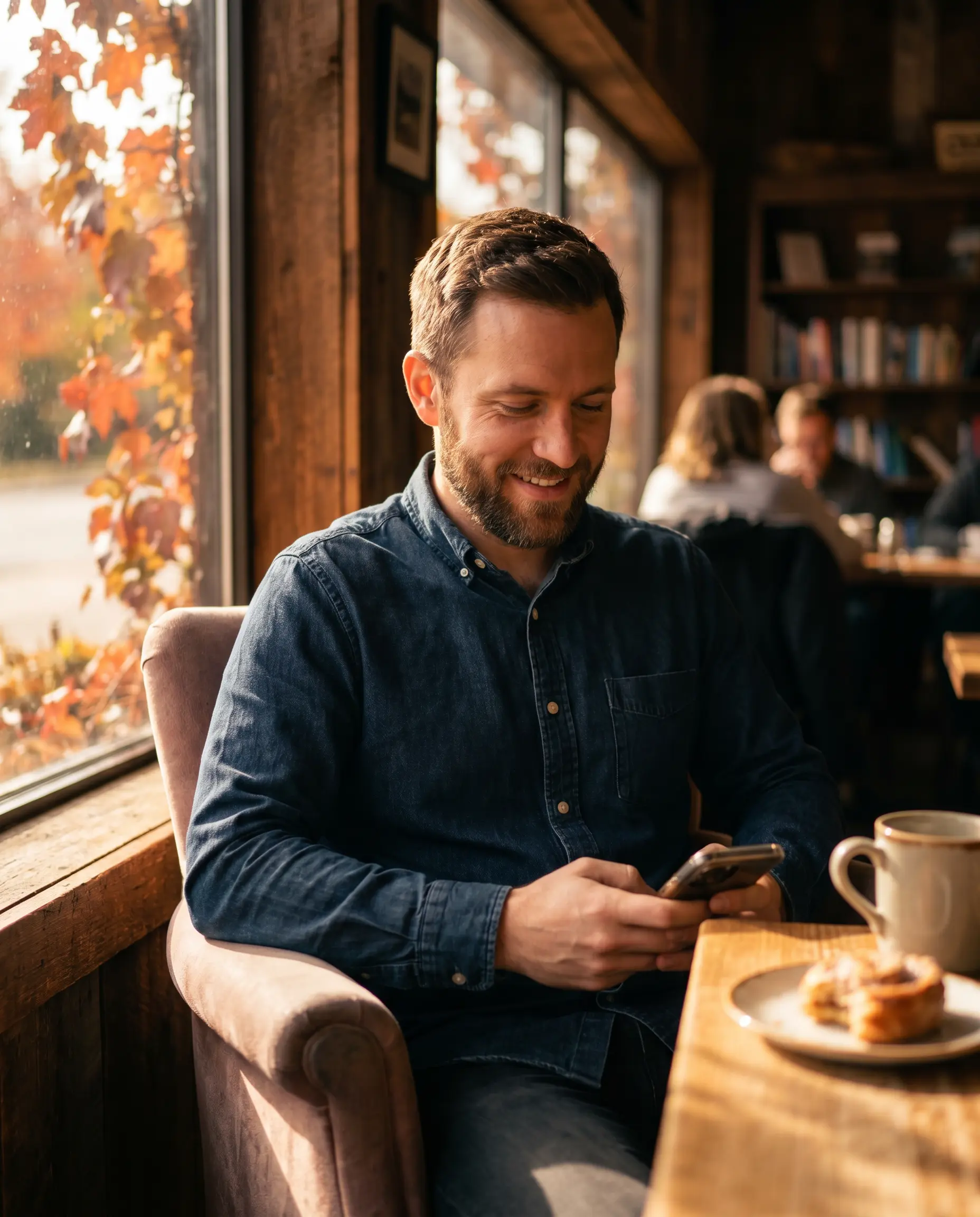 A person sitting in warm natural light looking down at their smartphone, relaxed