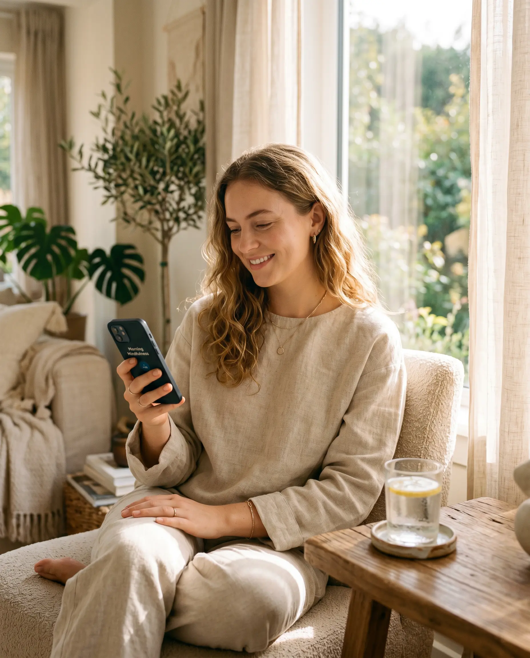 A person in soft morning light holding a phone with a glass of water nearby