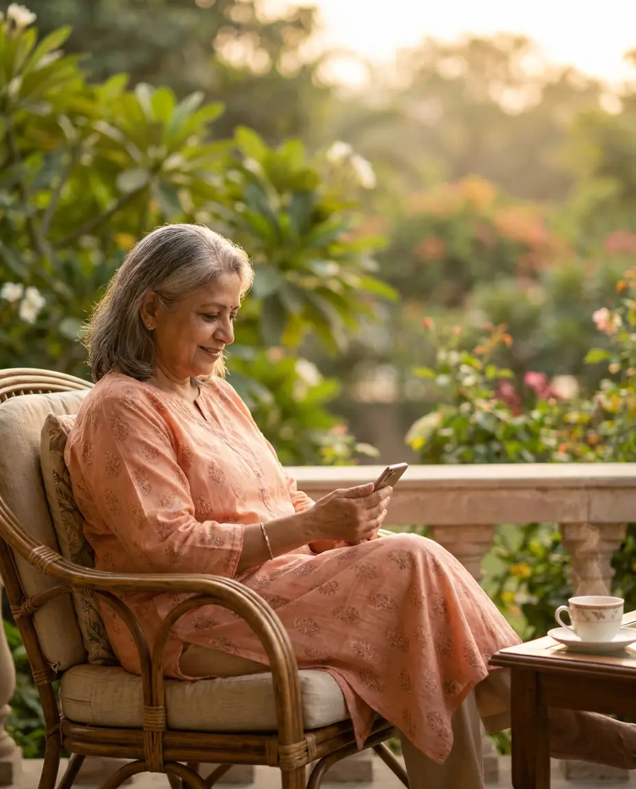 A calm, confident person in warm golden light glancing at their phone with a faint smile