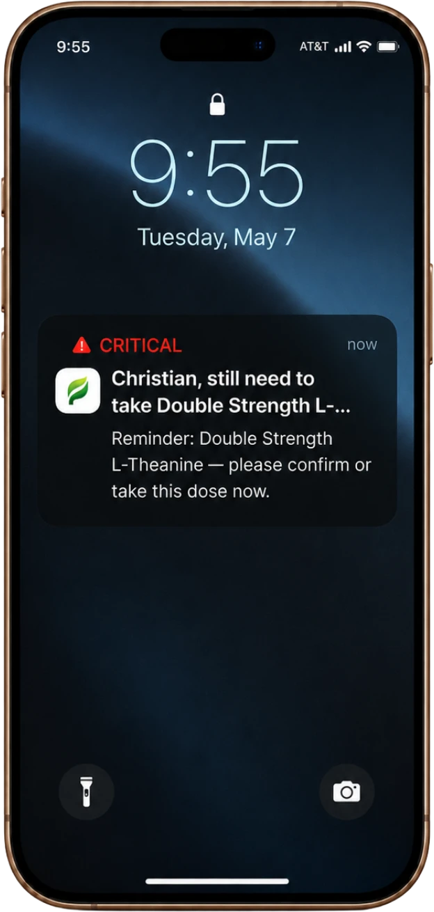 iPhone lock screen showing a Pilora critical medication reminder that breaks through Do Not Disturb.