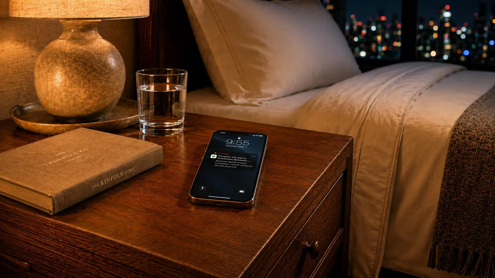 iPhone on a nightstand at night, lit up with a Pilora critical medication reminder that breaks through Do Not Disturb, showing Take and Later buttons.