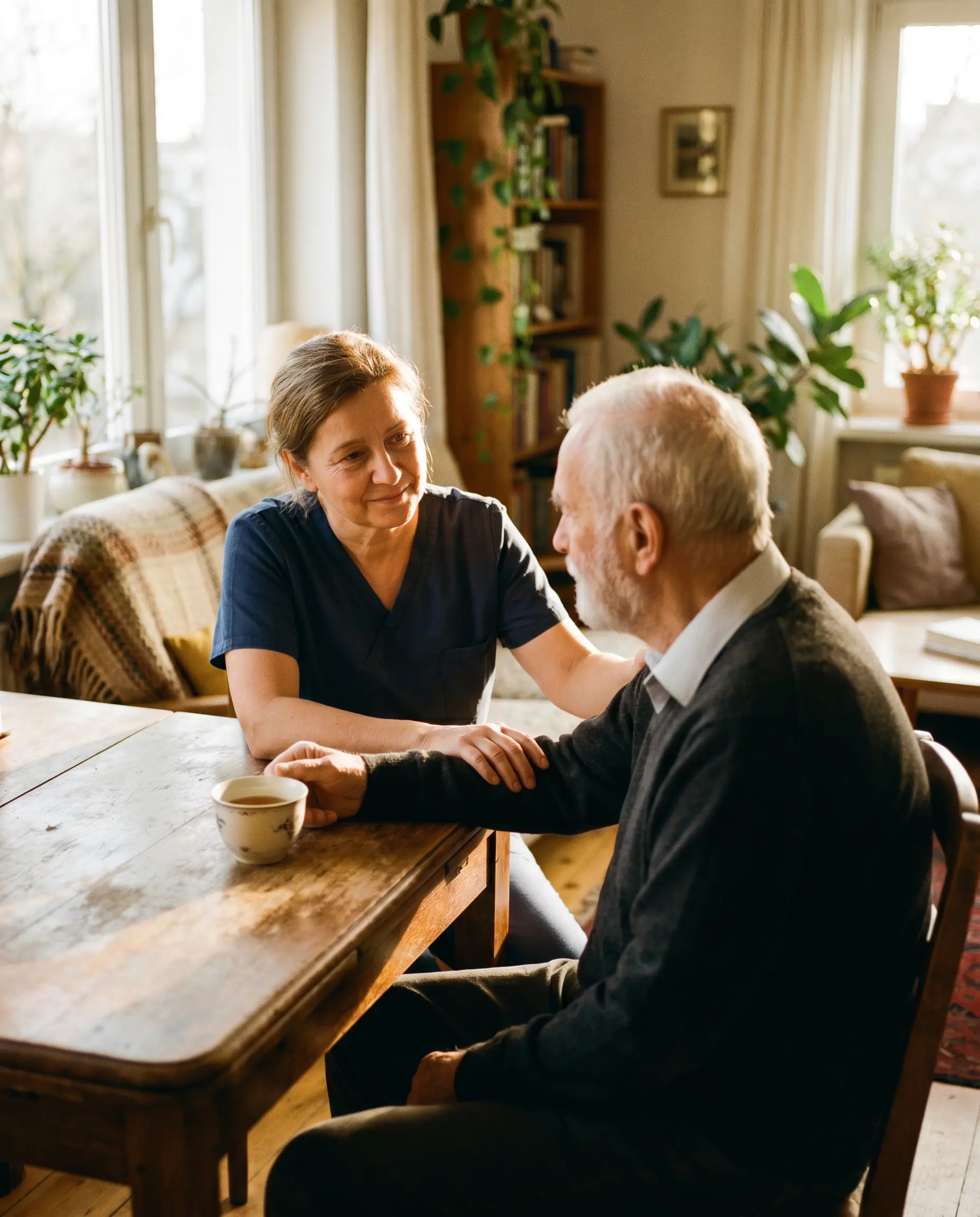 A home caregiver helping an elderly person with their daily medications.
