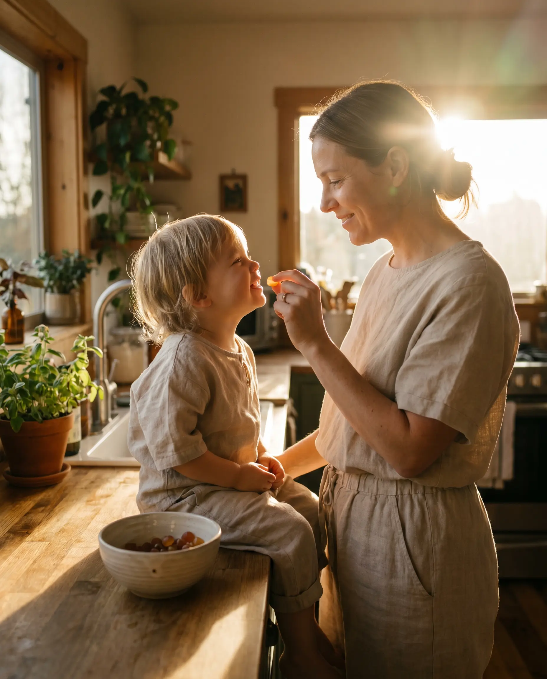 A parent giving a child a daily vitamin at home.