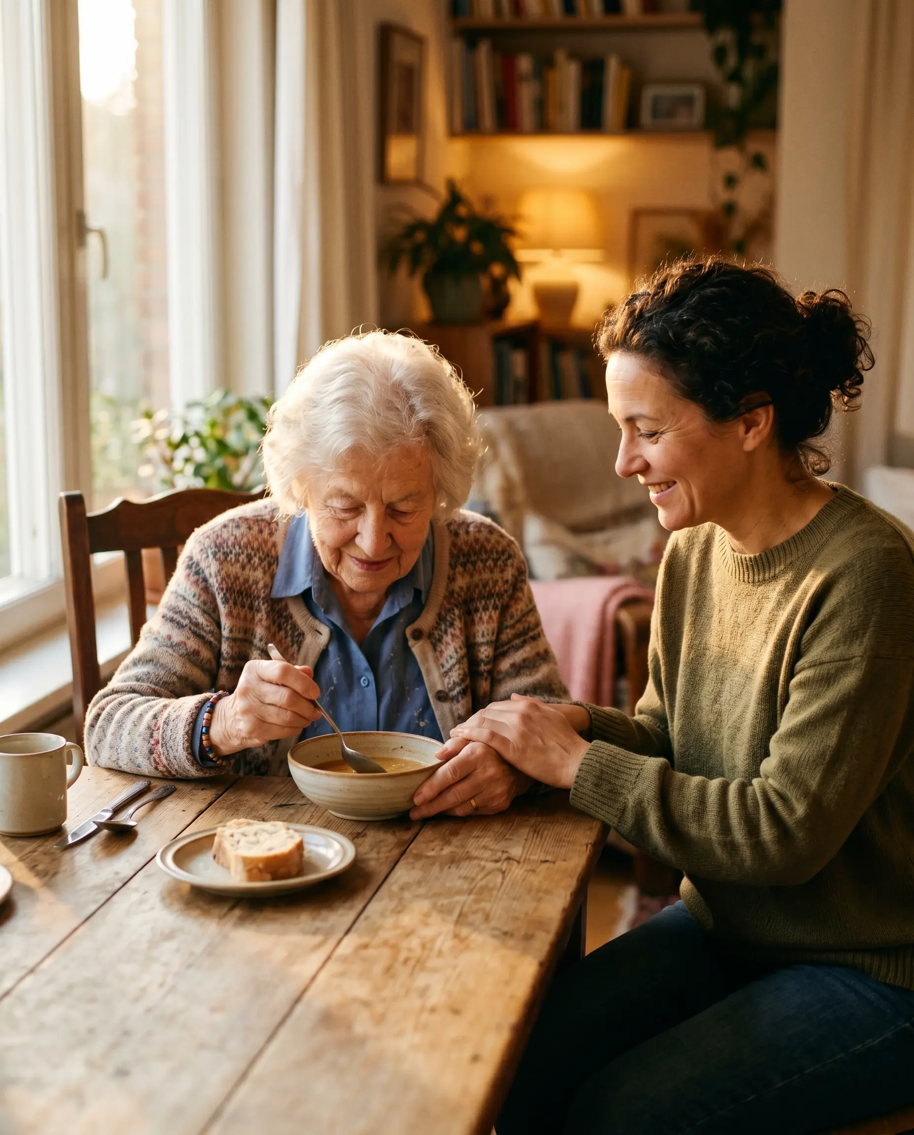 An adult caring for an aging parent in warm light.